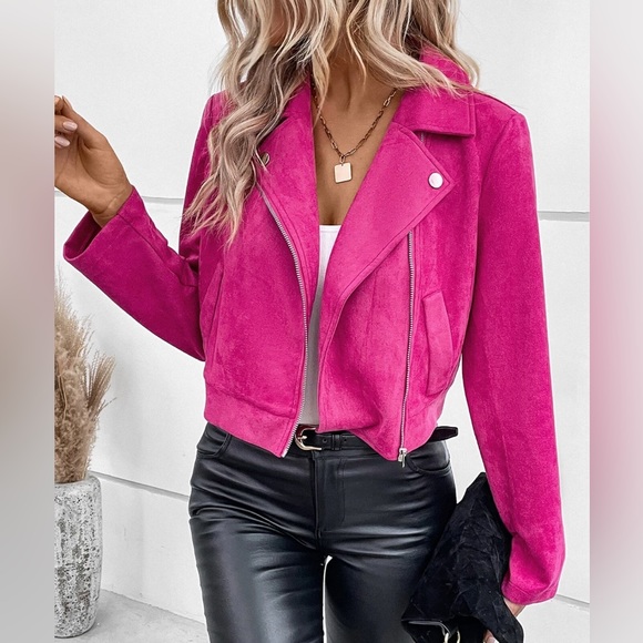 Zip Up Vegan Suede Moto Jacket Hot Pink - Picture 3 of 7